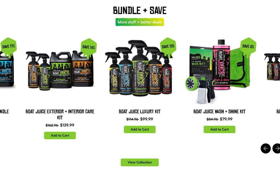 A screenshot of the Boat Juice bundles page, showing a list of bundles.