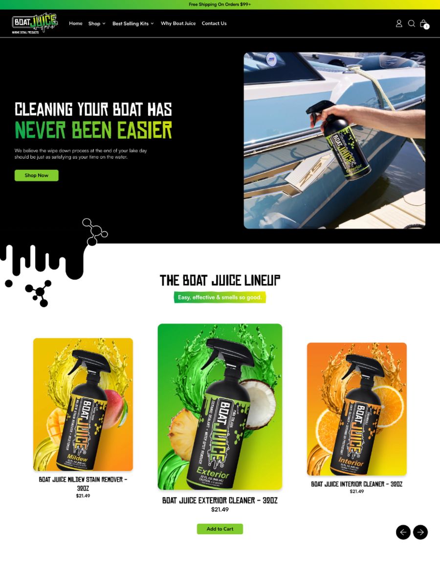 A screenshot of the Boat Juice homepage, showing a list of products.