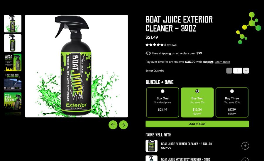 A screenshot of the Boat Juice product page, showing a list of products.