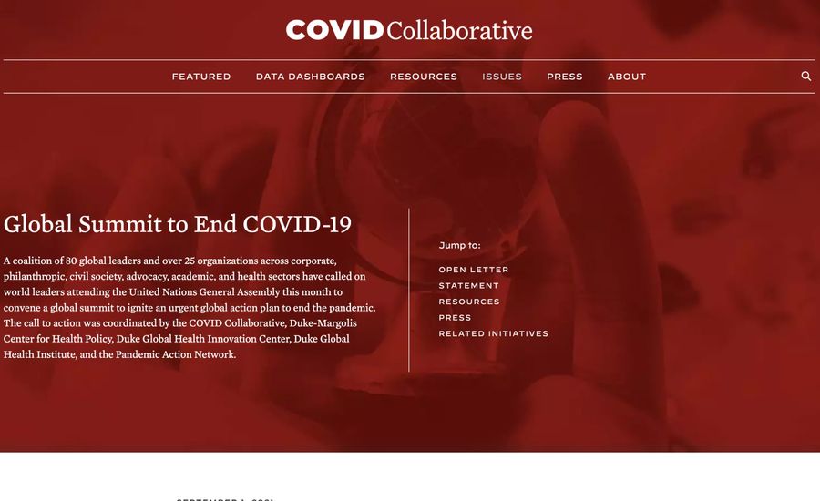 A screenshot of the COVID Collaborative Global Summit to End COVID-19 initiative page.