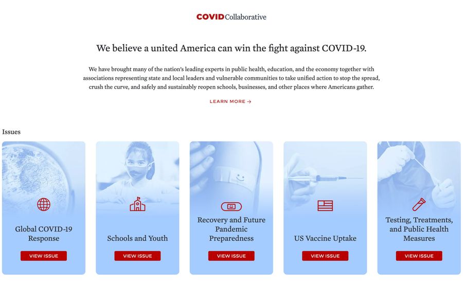 A screenshot of the the issues COVID Collaborative is focused on.