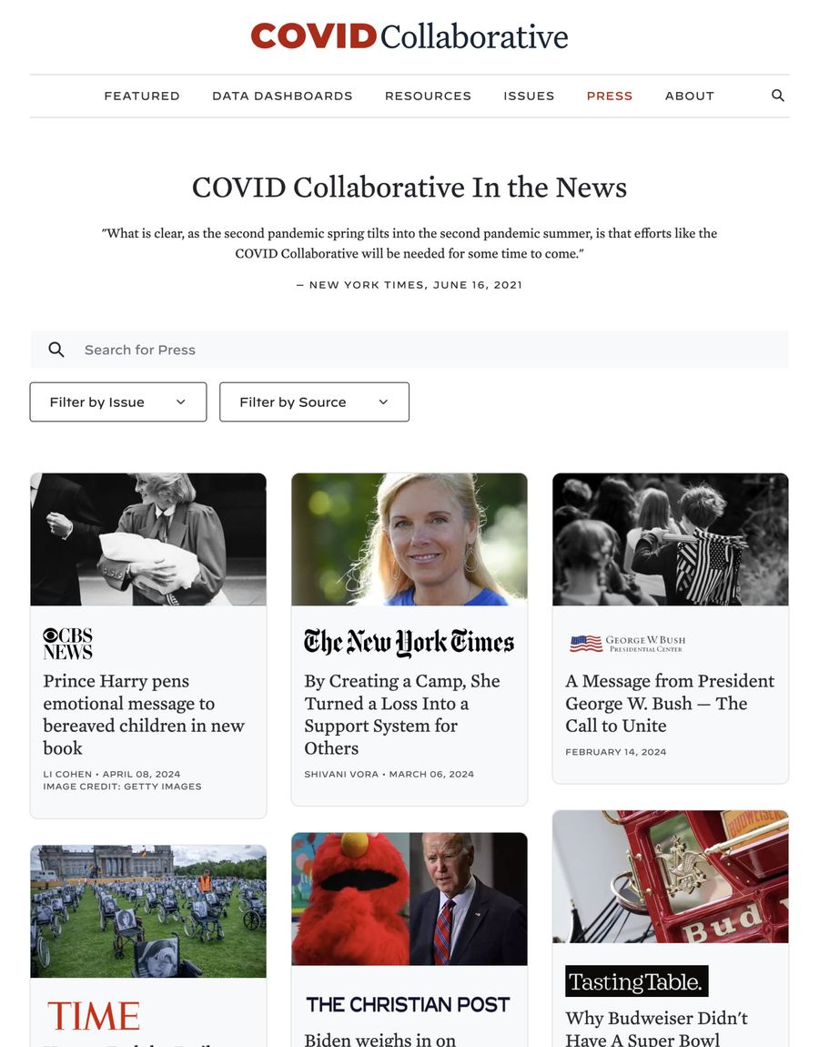 A screenshot of the COVID Collaborative press page, showing a list of stories featuring the organization.