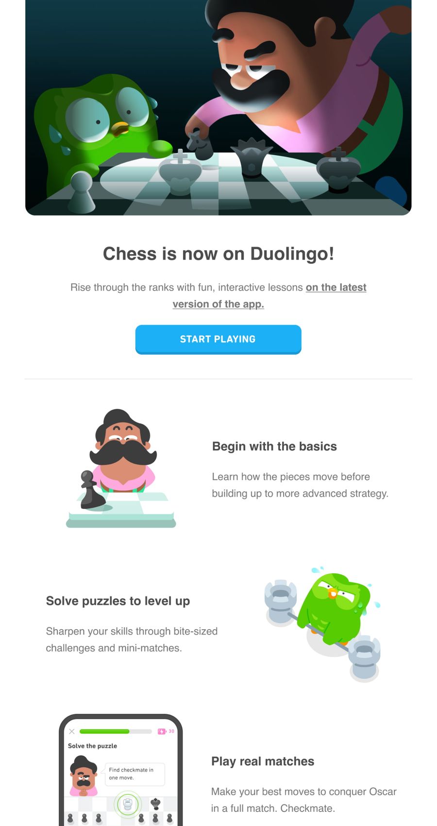 An email letting users know that chess is now available in the app. There are a few images that explain the new features.