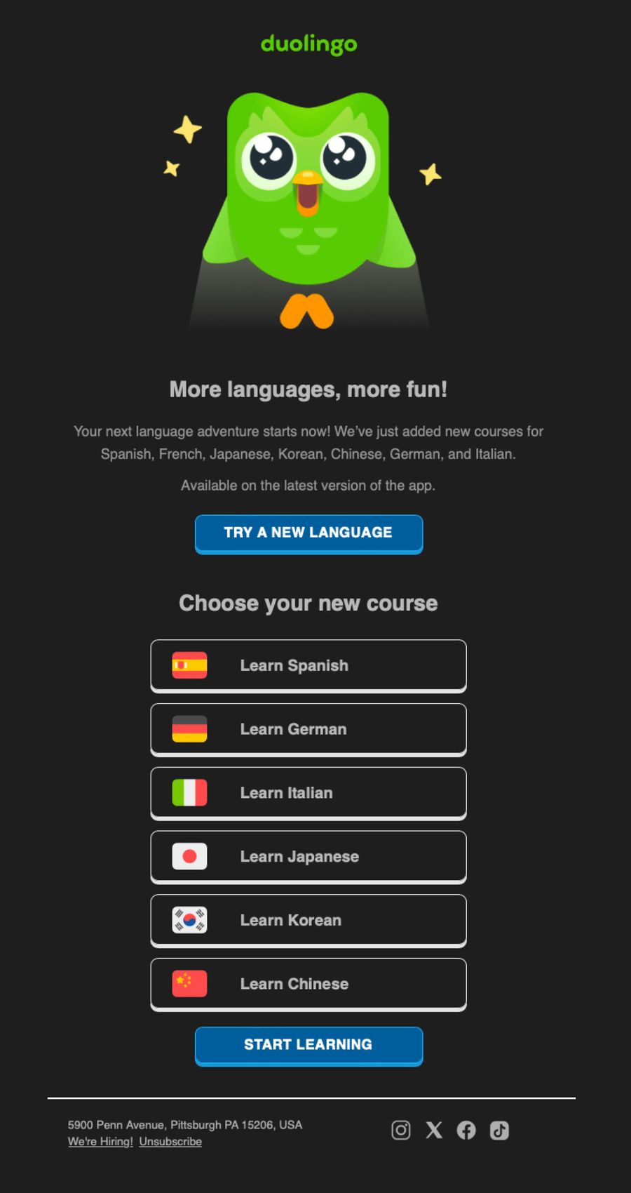 A list of buttons with country flags showing available languages to start.