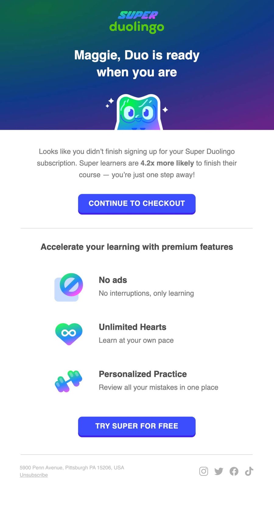 An email advertising the benefits of signing up for Duolingo Super.