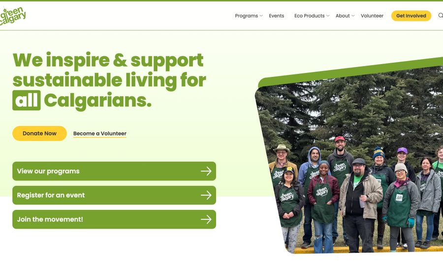 A screenshot of the Green Calgary homepage, including their main statement: 'We inspire & support sustainable living for all Calgarians.
' and some quick links.
