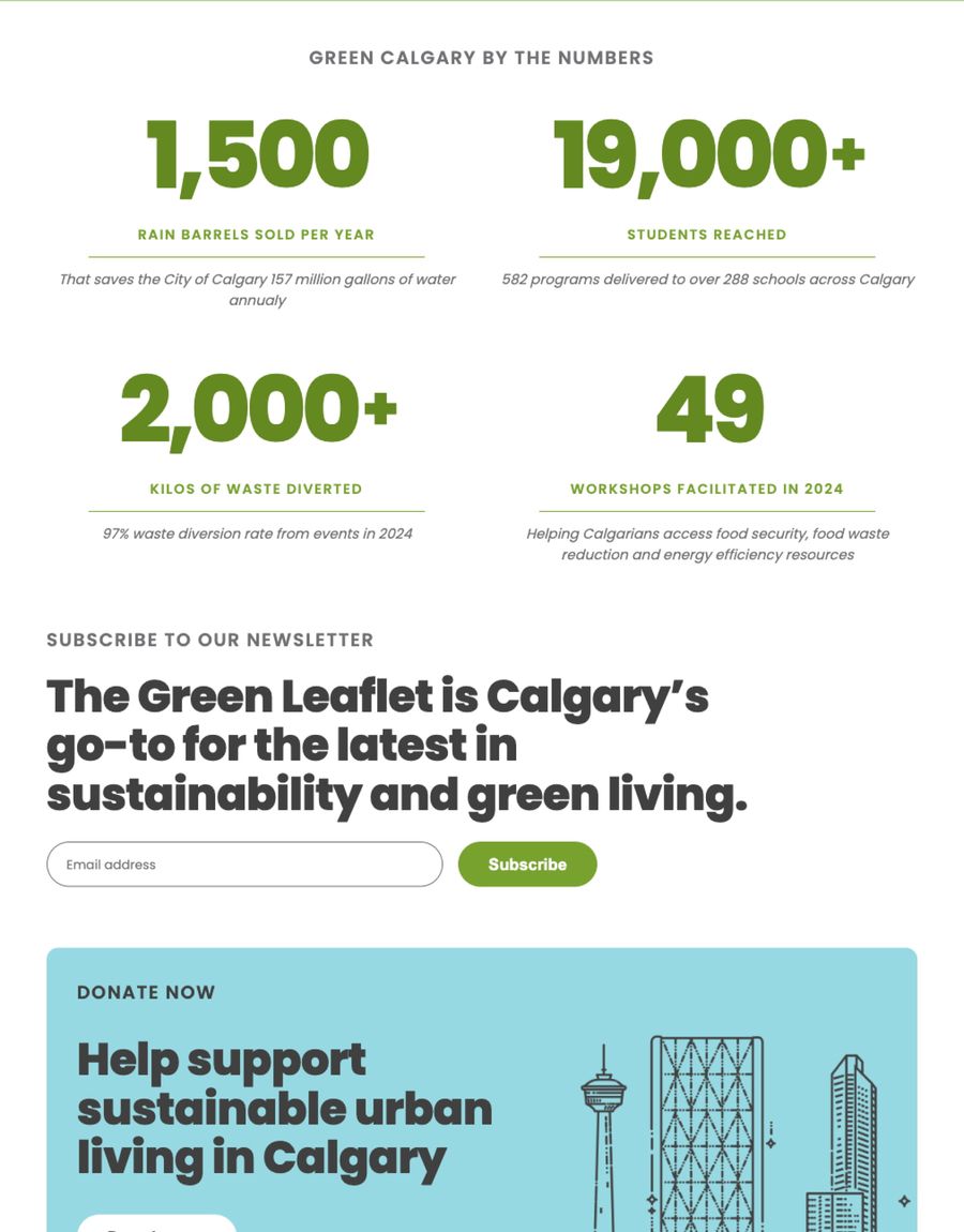 A screenshot of the Green Calgary homepage, showing some stats and a newsletter subscription form.