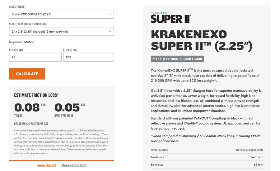 A screenshot of the friction loss calculator on the Know Your Hose website.