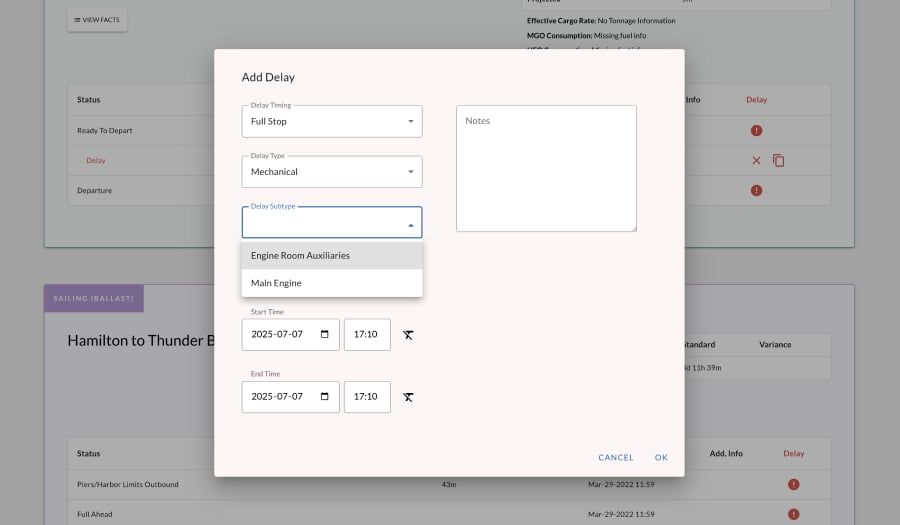 A screenshot of the trip overview page, adding a delay to a trip.