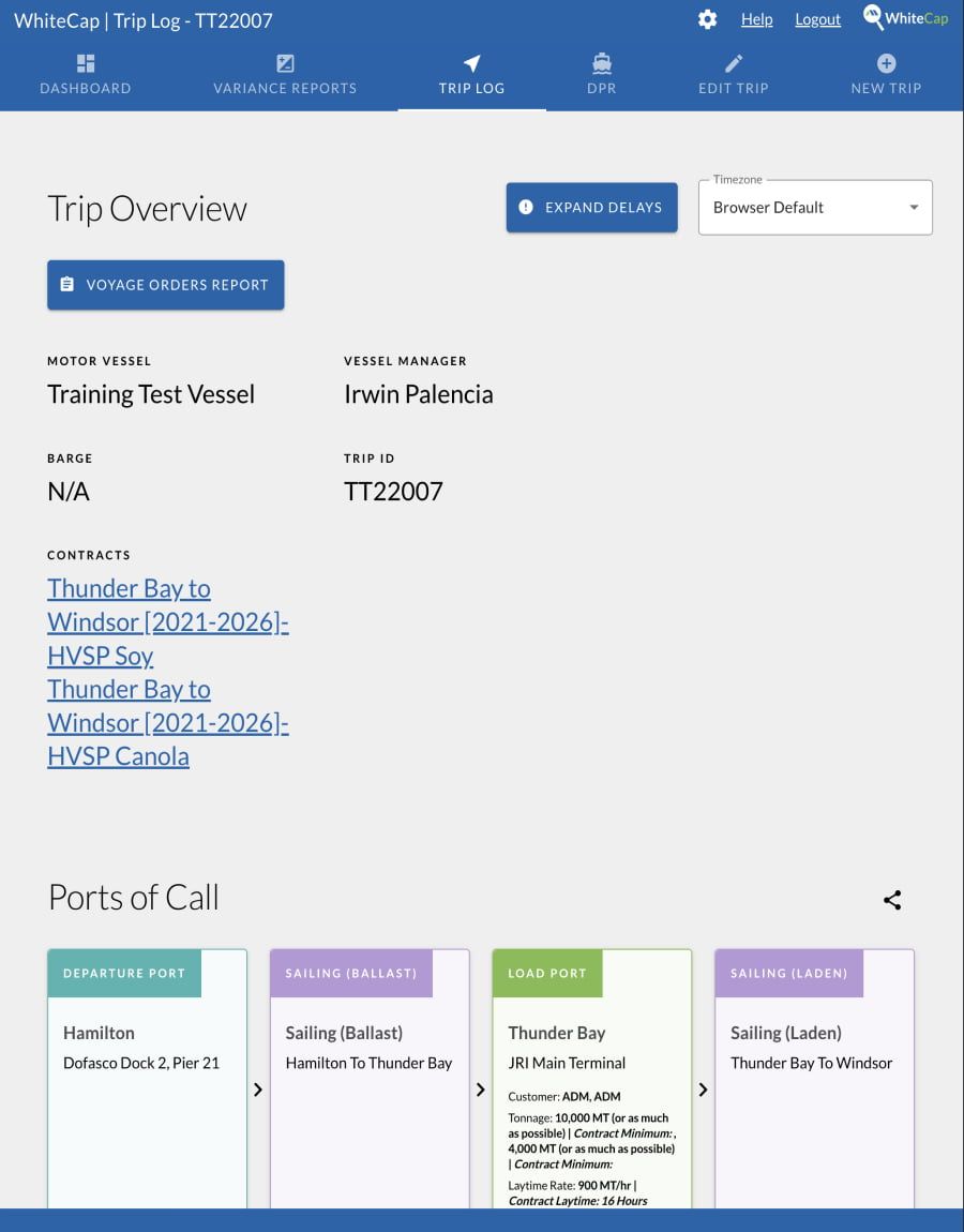 A screenshot of the trip overview page on the Whitecap app.