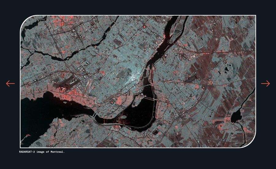 A screenshot of the MDA 2021 annual report website, showing a satellite image of downtown Vancouver.