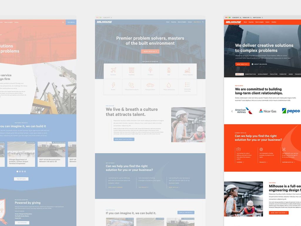 Three different concepts for the Milhouse website homepage.