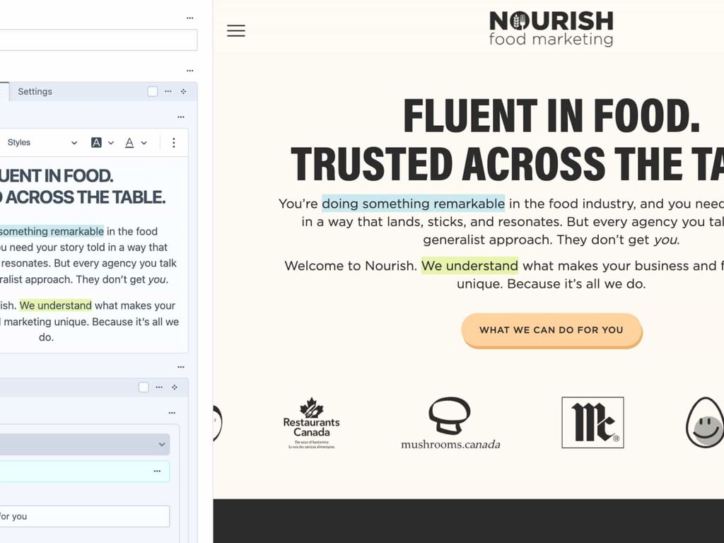 A screenshot of the Nourish Food Marketing website content builder.