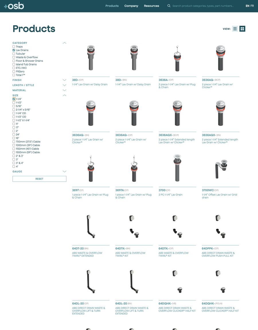 A screenshot of the +osb website, showing a grid of filterable products.