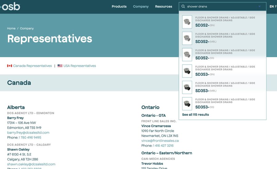 A screenshot of the +osb website, showing a search bar with a live search for shower drains.