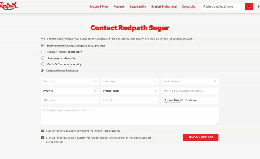 A screenshot of the Redpath Sugar dynamic contact page.
