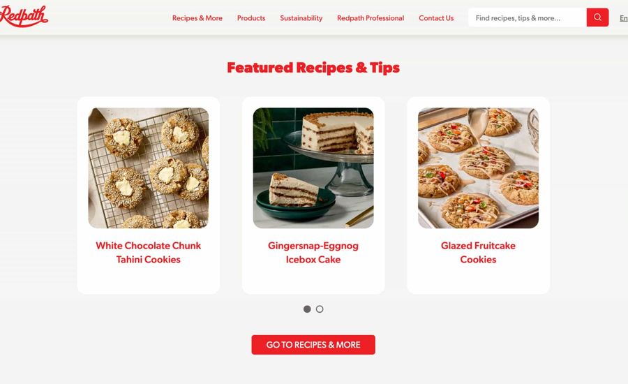A screenshot of the Redpath Sugar featured recipe slider.