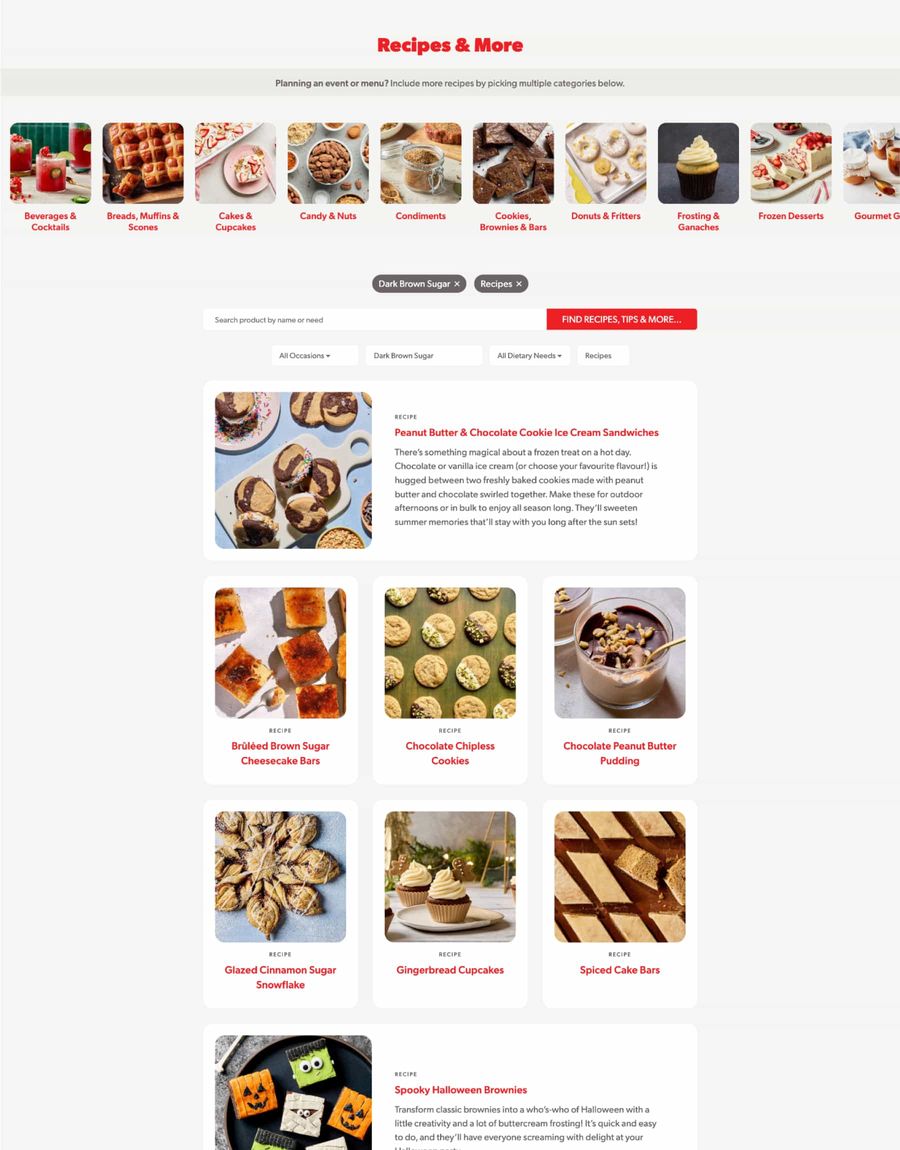 A screenshot of the Redpath Sugar recipe filter functionality.
