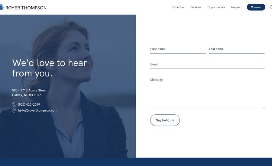 A screenshot of the Royer Thompson Contact page, showing a form.