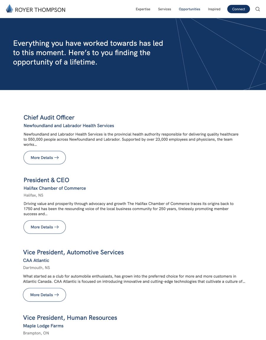 A screenshot of the Royer Thompson Opportunities page, showing a list of job opportunities.