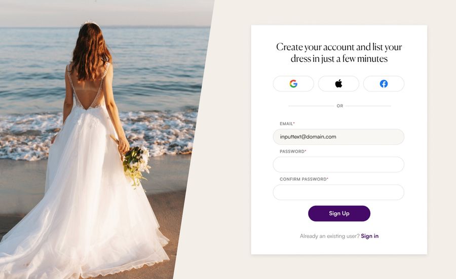 A screenshot of the Pre-Owned Wedding Dresses login page.