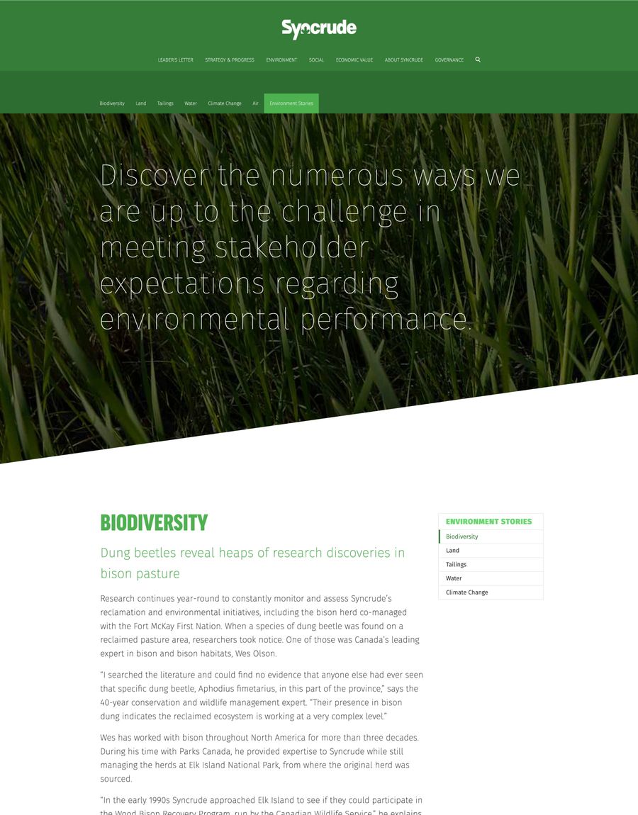 A screenshot showing the biodiversity story page on the 2015 sustainability report