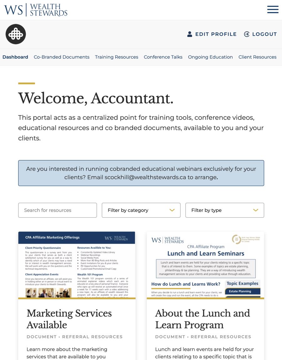 A screenshot of the Wealth Stewards accountant dashboard.
