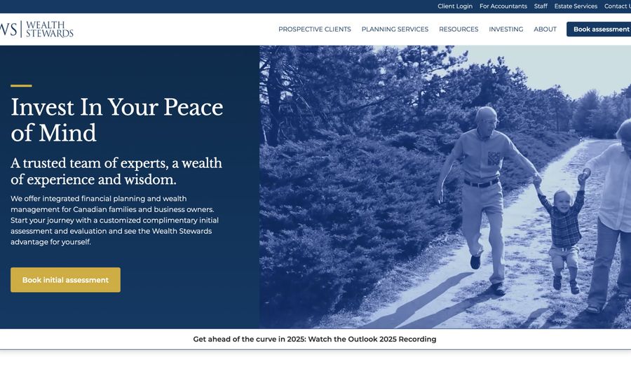 A screen shot of the Wealth Stewards homepage hero section.